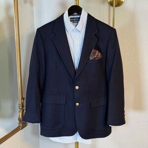 Dobbshire Pure Wool Navy Blazer Gold Crest Buttons Vintage Tailored in USA 40S